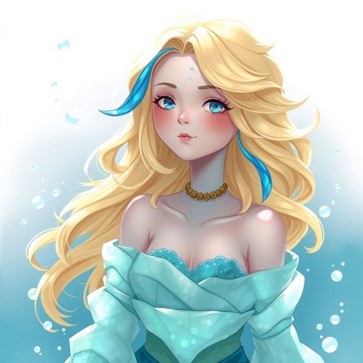 A teenage water print with blonde hair and a blue strand of hair