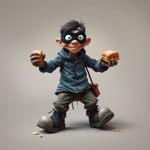 Create a funny looking clumsy thief with funny shoes on. Make him have on the bandit black thing around his eyes. And wanted for stealing sandwiches 