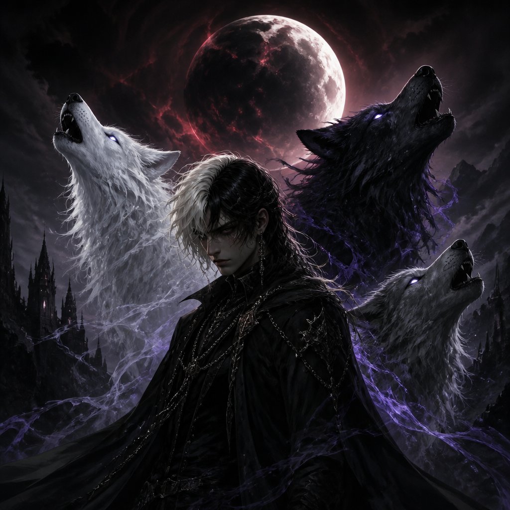 man with half blonde half black hair moon with white wolf black wolf grey wolf