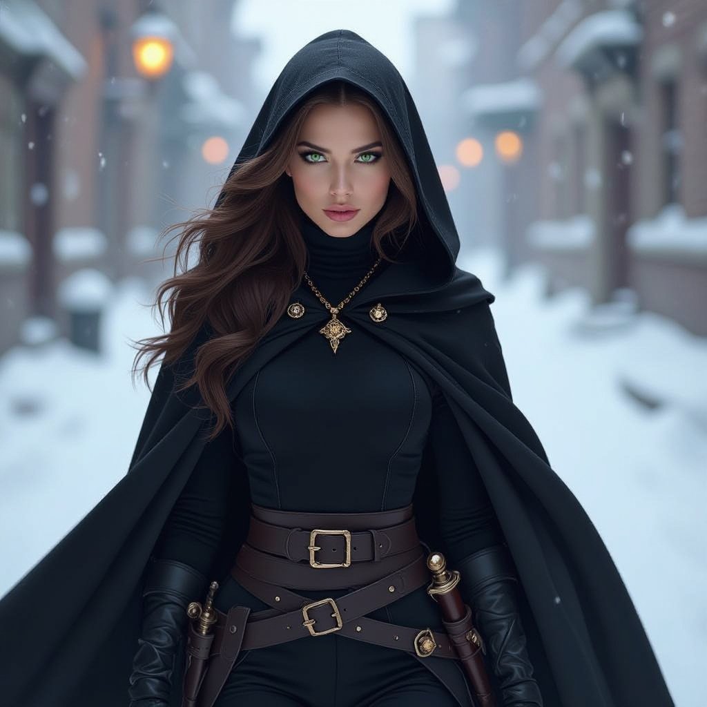 Human woman. Brown long hair and green big eyes. She wears a black cape. A wear black turtleneck and black pants. She has a belt on which he carries daggers and swords. She wears high, heavy boots. She carries a short sword. She has a long sword on his back. She wears a hood. It's night. A dark alley. The screen is from below. A woman approaches us. A cold expression appears on her face. An amber necklace gleams around her neck. She wearing black armor. The woman is pale. She has a delicate beauty. Her eyes are painted black. She looks menacing. pale complexion. Shes not beautifull. She have 25 years old.