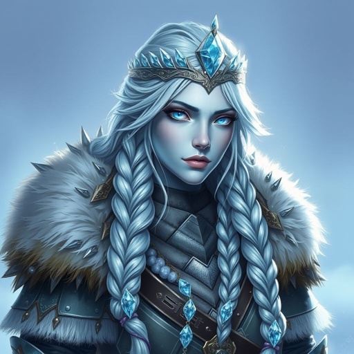 Create a character head to toe showing the whole character, meaning legs feet body face everything: A tall, battle-hardened woman with pale, icy-blue skin. Her long silver hair flows in braids tipped with frozen beads. She wears heavy, fur-lined armor made from the hides of snow beasts. Her eyes glow faint blue. A frost-shaped crown rests lightly on her head.