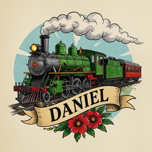 train tattoo with the name Daniel 