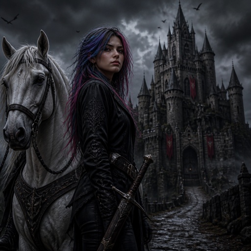 A 17 year old girl who has blue hair with purple and pink stripes and hazel eyes. She looks strong and confident. She is wearing a black jacket and black pants. At her side is a sword is its sheath. She is standing next to a white horse. A huge castle is behind her. 
