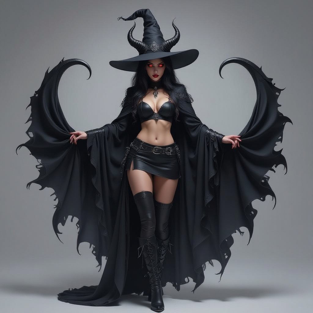 sexy shadow demon witch gypsy slate grey skin large black billowing cloak that emits darkness and shadow. Two piece. Witches Hat. Two Demon horns
