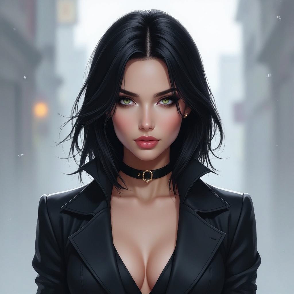 Show character head to toe. Create hero woman jet-black hair is cut sharpand her eyes seem to pierce through darkness. A shadowy aura clings to her form,