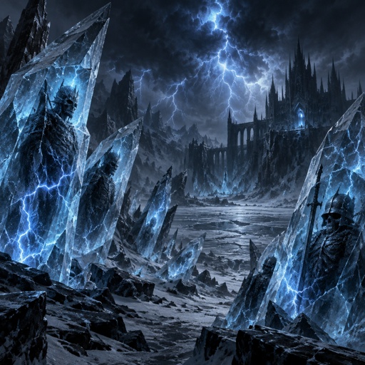 blue lightning storm in a ice waste land, lightning trapped in ice