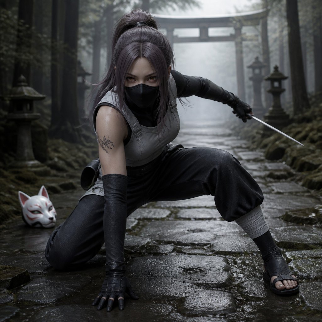Adult girl with ash purple hair with amber eyes wearing a anbu ninja costume from the anime Naruto