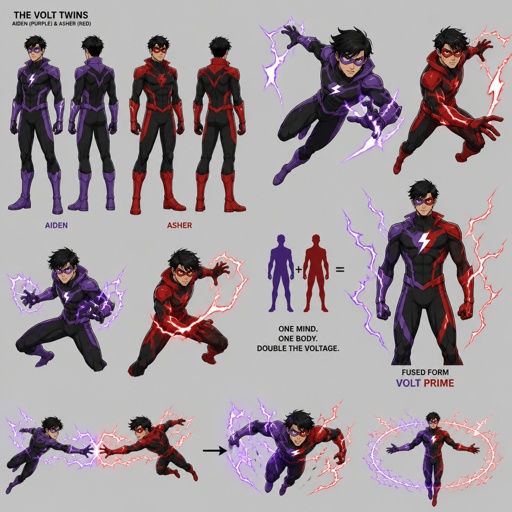 Male superhero twins with lightning powers, there wearing cool costumes but not the same as the other, goggles, one has purple the other has red, they can morph into one body, black hair,multiple of the same character 
