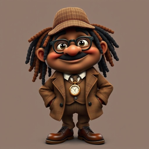 Create a funny fat character similar to Sherlock Holmes, but make him of black decent and with dread locks. Show his whole outfit including his shoes.