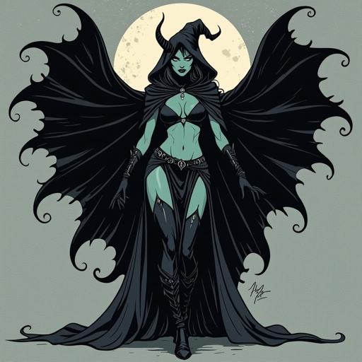 sexy shadow demon witch gypsy slate grey skin large black billowing cloak that emits darkness and shadow. Two piece