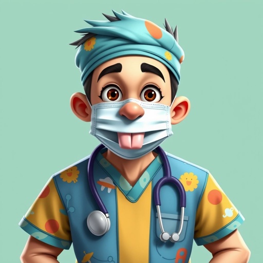 create a doctor. Who is funny human looking from head to toe. And he always immediately results to surgery for anything even small things. So please be sure to show his whole outfit head to toe. Make him have only 1 tooth