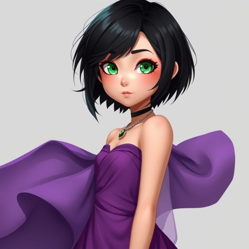 Short black hair. Jade green eyes. Purple fancy dress. 13 years old. Tomboyish. 