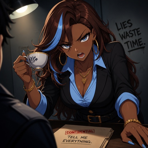 Anime style female,dark skin with brown hair and light blue streak, serious, intimidating, makes sure she gets the answers,good at interrogating, very loud, being calm is hard, loves tea, she cares about her partner but doesn't know about her partners feelings to her