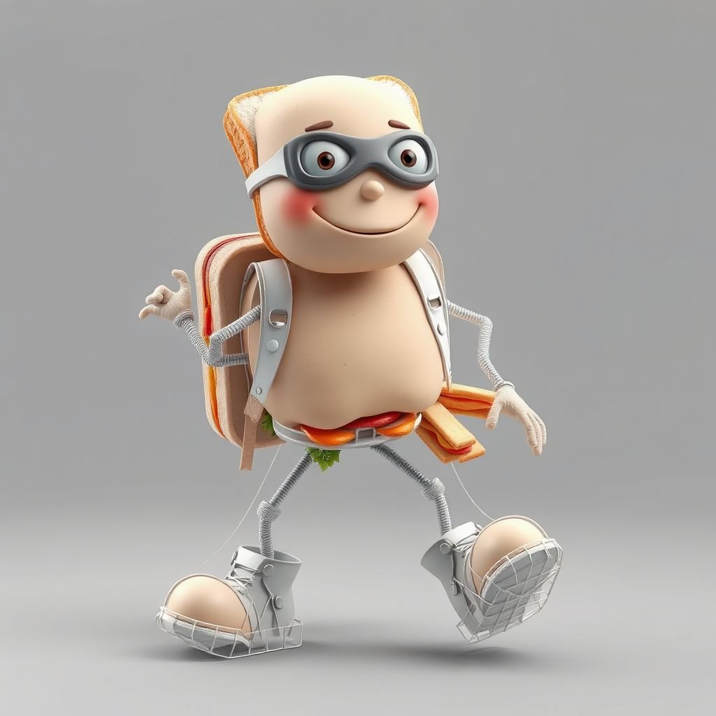 Create a funny looking clumsy sandwhich thief with funny shoes on. Make him have on the bandit black thing around his eyes
