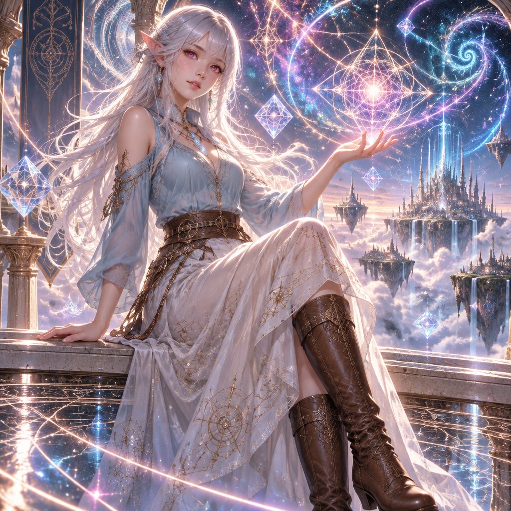 Young woman, Elf-ears, silver hair, pink eyes, light blue top, long Skirt, brown boots reaching to her knees