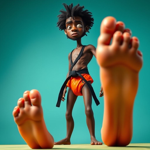 Create a character who looks like a funny African karate guy who doesn’t have a clue what he is doing. Make him have weird toes, only speedos on and a black karate belt. Make him tal skinny and slinky.