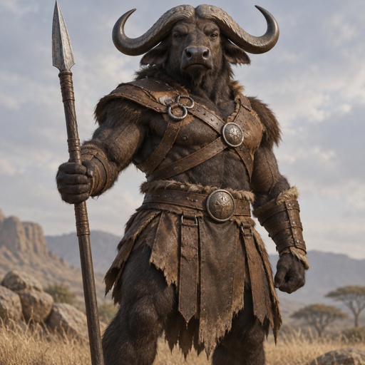 A Cape buffalo turned into a muscular warrior 