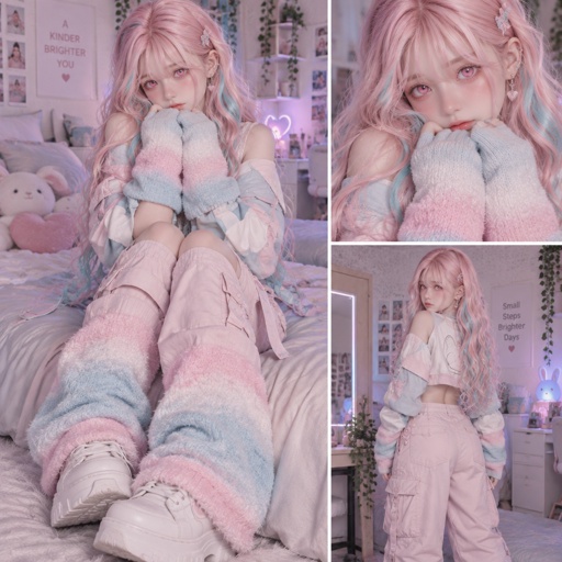 Gender: Female Age: 16 Eyes: Vibrant pastel pink Quirk: Marionette – Can create and control lifelike puppet copies of people she sees. Hair: Long, flowing pastel pink with wavy streaks of soft turquoise blue. Skin: Fair, porcelain pale. Clothing: Oversized pastel cropped jacket, fluffy gradient leg/arm warmers, and baggy pastel cargo pants. Species: Human Backstory: Raised in a modest family, she lives a quiet, ordinary life avoiding drama. Personality: Shy, quiet, humble. Likes: Sewing, quiet rainy afternoons, plushies. Dislikes: Loud crowds, conflict, being noticed.