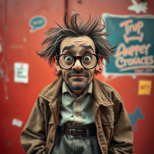 Create a funny looking paranoid man in the world, with a not so stylish outfit head to toe