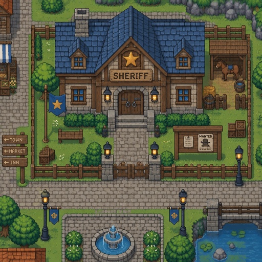 Sheriff department for a modern fantasy game, exterior, top down style