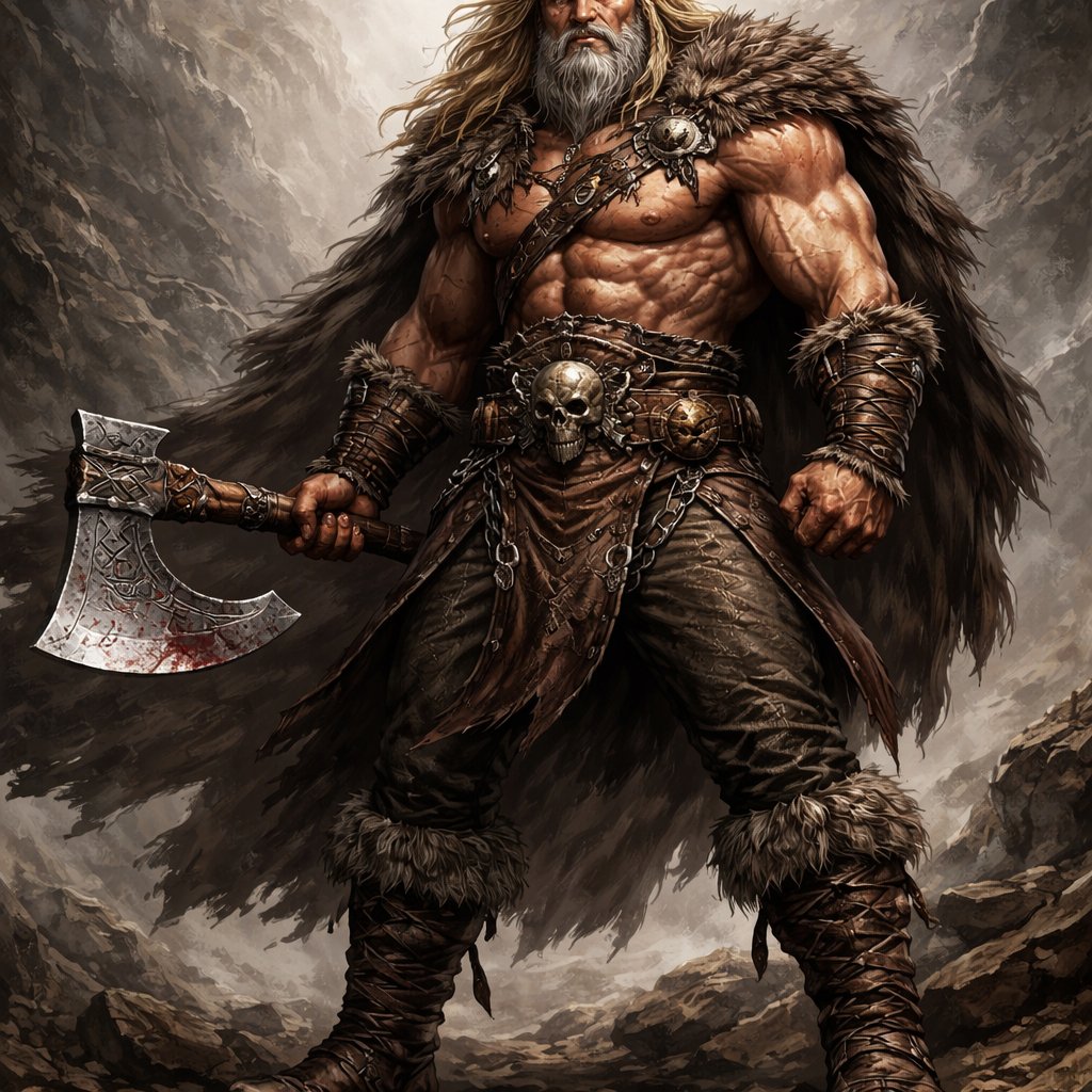 Mighty barbarian with axe long hair blonde and grey beard in leather pants and sandals