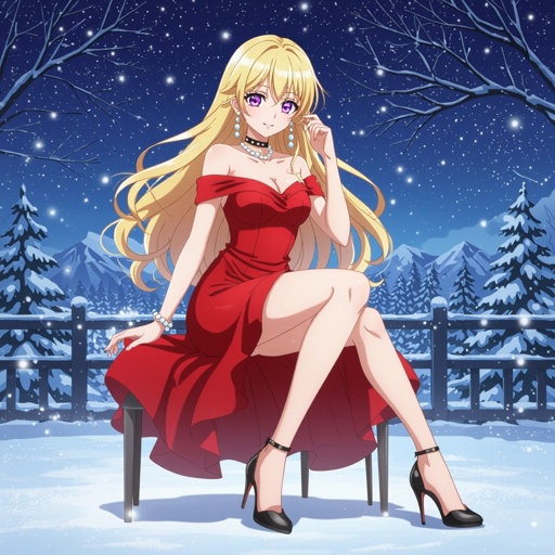 She has blonde hair and purple eyes and a red dress and black high heels and pearl earrings 