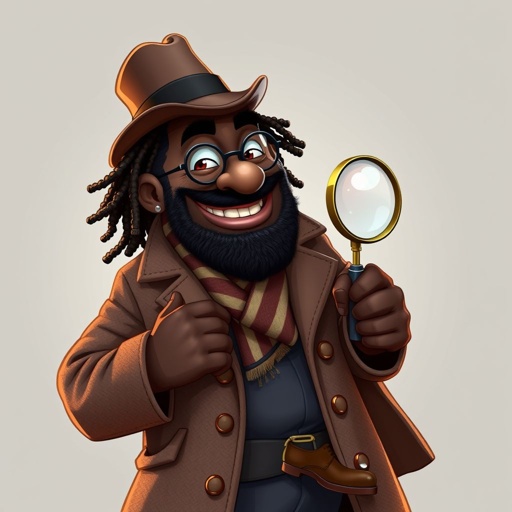 Create a funny serious fat character similar to Sherlock Holmes, but make him of black decent and with dread locks. Show his whole outfit including his shoes.