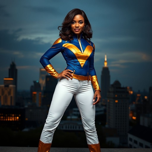 African American female superhero with shoulder length hair in a side part style and  wearing a slightly homemade  white blue and gold suit with white pants with a stylized V as her chest emblem wearing gold flat boots made of gold standing in Philadelphia at dusk