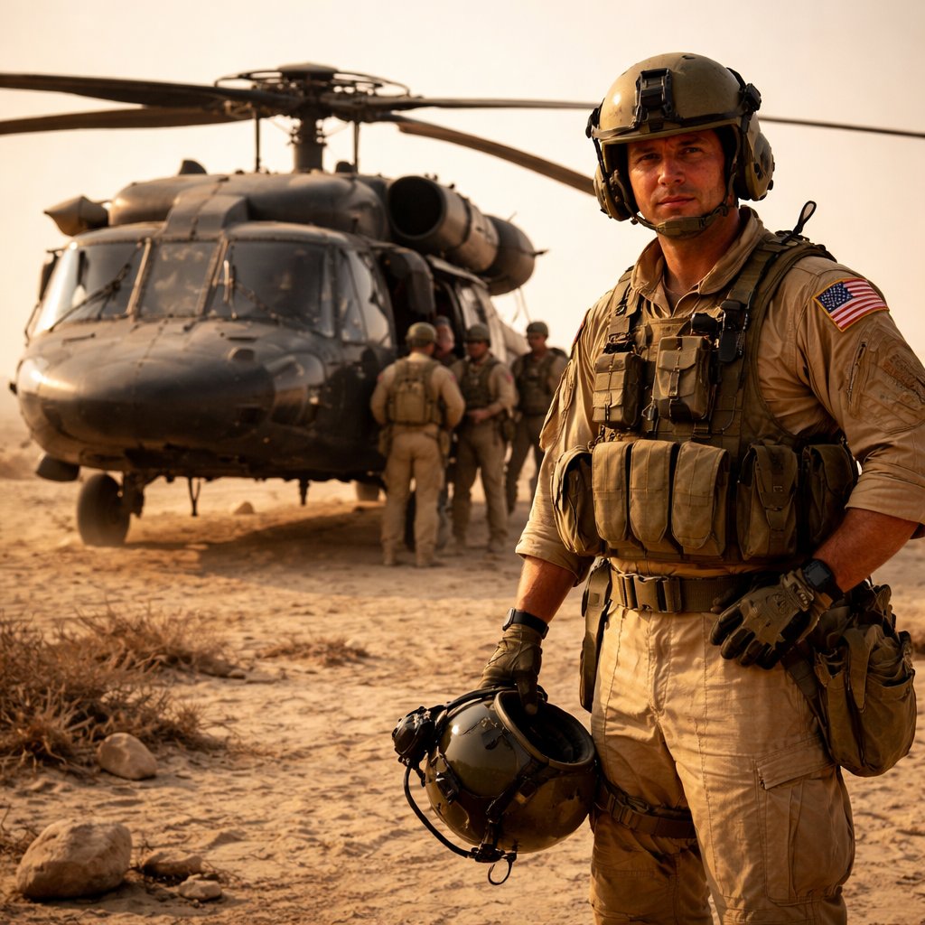 US Army helicopter pilot stands next to he’s black hawk helicopter with he’s crew in the desert of Iraq during Operation Iraqi Freedom