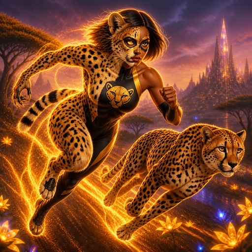 a painting of a woman running with two cheetah