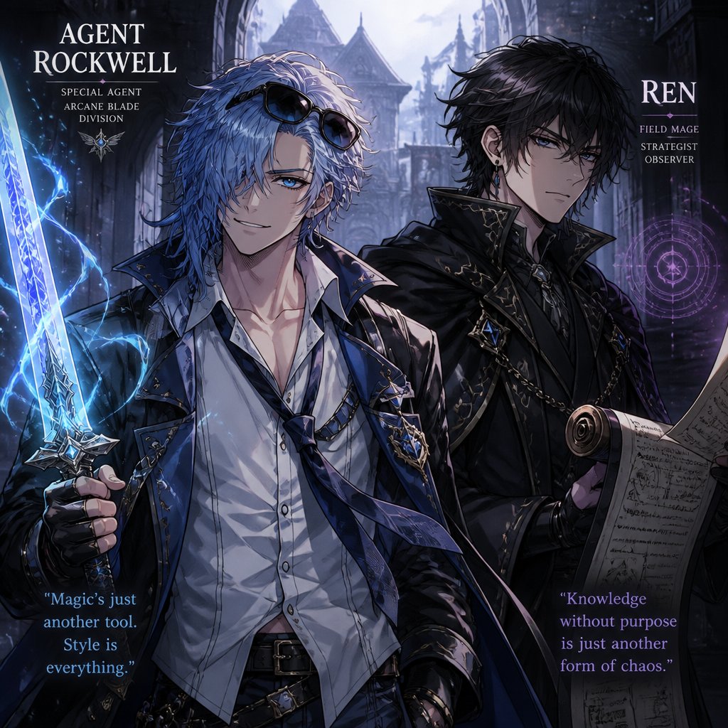Comic Anime Agent Rockwell very poof up messy hair half side longer and drooped down hair is a light blue skin color white, very bright blue eyes, wears a suit tie is loose, he doesn't wear his jacket his collar to his shirt is uneven sunglasses on his head He's know for his mischievous and reckless behavior but takes missions very seriously is one of the best agents they have Ren is Rockwell's partner is very serious and organized opposite of Rockwell, get very annoyed at Rockwell's behavior they tend to argue with each other but Rockwell is more of having fun|