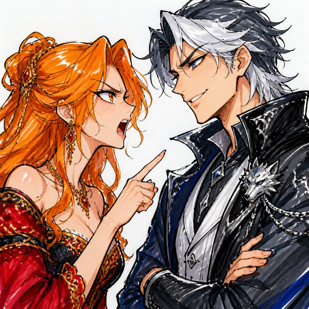 A beautiful woman with fox like looks fox eyes and orange hair and a beautiful dress arguing with a handsome man with wolf like looks and wolf eyes and gray and white hair he is smirking