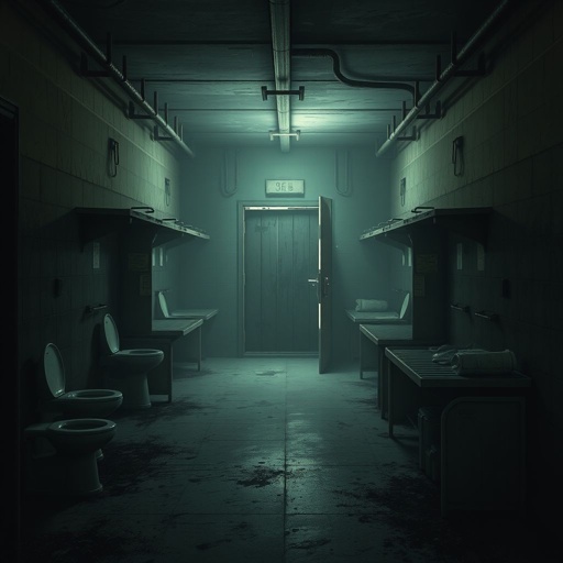 Create this background hall inside was dim, paint peeling in sheets. A metal door led to the cell block. Six cells, all empty. A cracked toilet in each. Rusty bunks, stale air, dust everywhere. No character just background