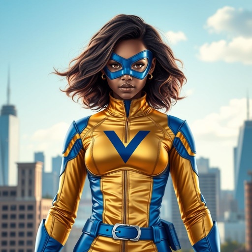 A teenage African American female superhero wearing a domino style mask with slightly curly hair in a shoulder length side part style wearing a polyester and leather gold suit with blue accents gold pants and a stylized V as her chest emblem a utility belt and blue boot heel less standing in Philadelphia