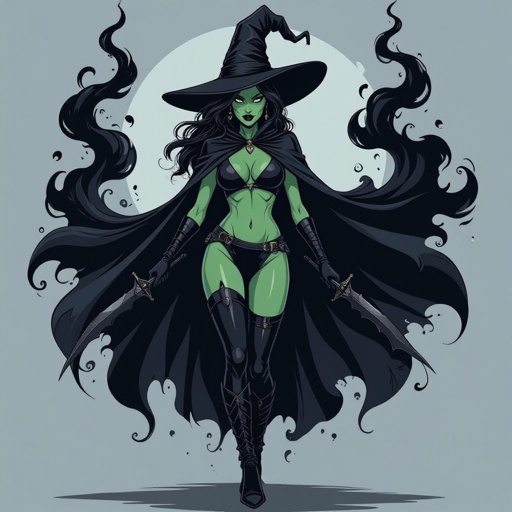 sexy shadow demon witch gypsy slate grey skin large black billowing cloak that emits darkness and shadow smoke. Two piece. Witches Hat.  Wields Black Evil Shadow Smoke Daggers