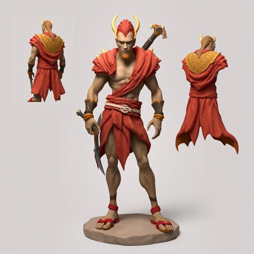 Create handsome hero  Rhen the Fire – A lean, muscular man. He wears layered, flowing desert robes dyed in warm reds and golds, with scorch marks where flames have licked them. A curved blade hangs at his hip.  Show whole body head to toe including her shoes.