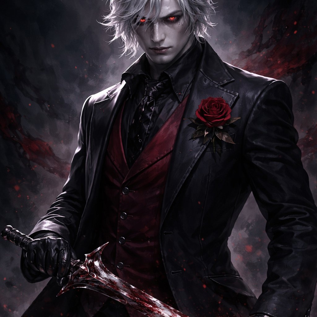 Male Dhampir Blood Hunter in a suit with a red rose on his chest and white hair with red eyes
