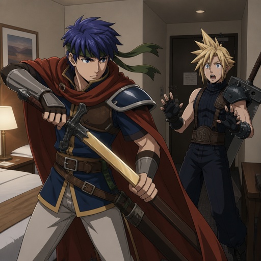 ike from super smash bros in a hotel room takes out a weapon cloud strife from final fantasy 7 is scared