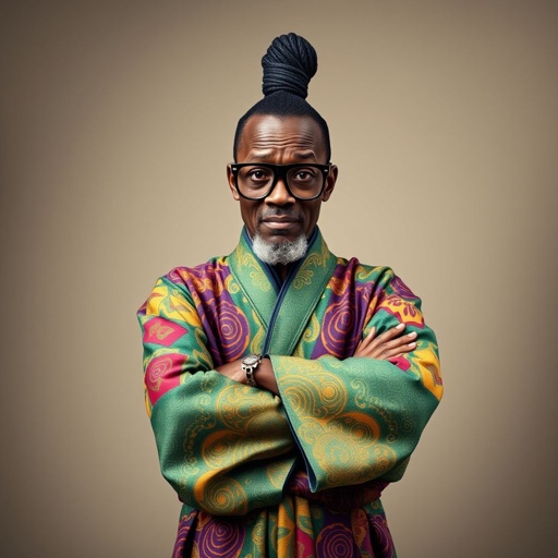 Create a funny looking African sensei. Show the whole character from head, body , legs , feet and make him serious. 