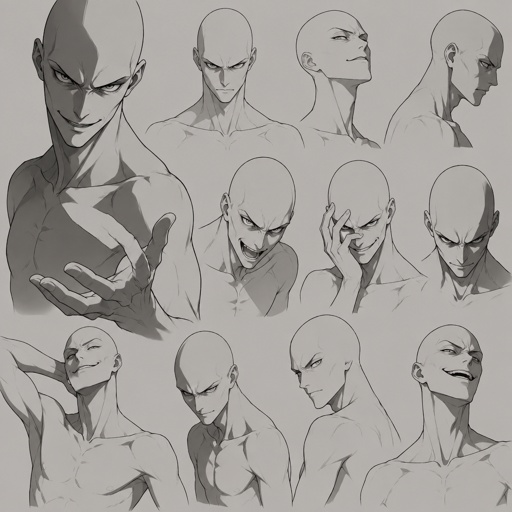 Different face expressions male thin half body drawing base, dynamic, bald, Villian