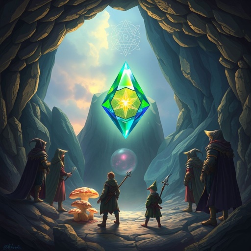 Brilliantly sparkling magical gem floating by itself in a cave