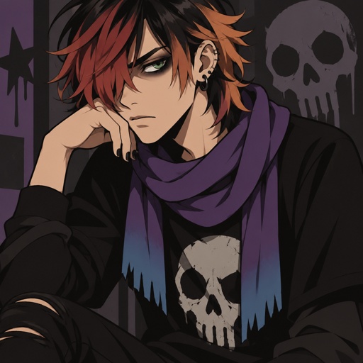Male, teen, green eyes, ear piercings, black shirt with skull, purple scarf with blue tips, neck length hair covering one eye, light red light orange and black hair gradient, black nail polish, black eyeshadow