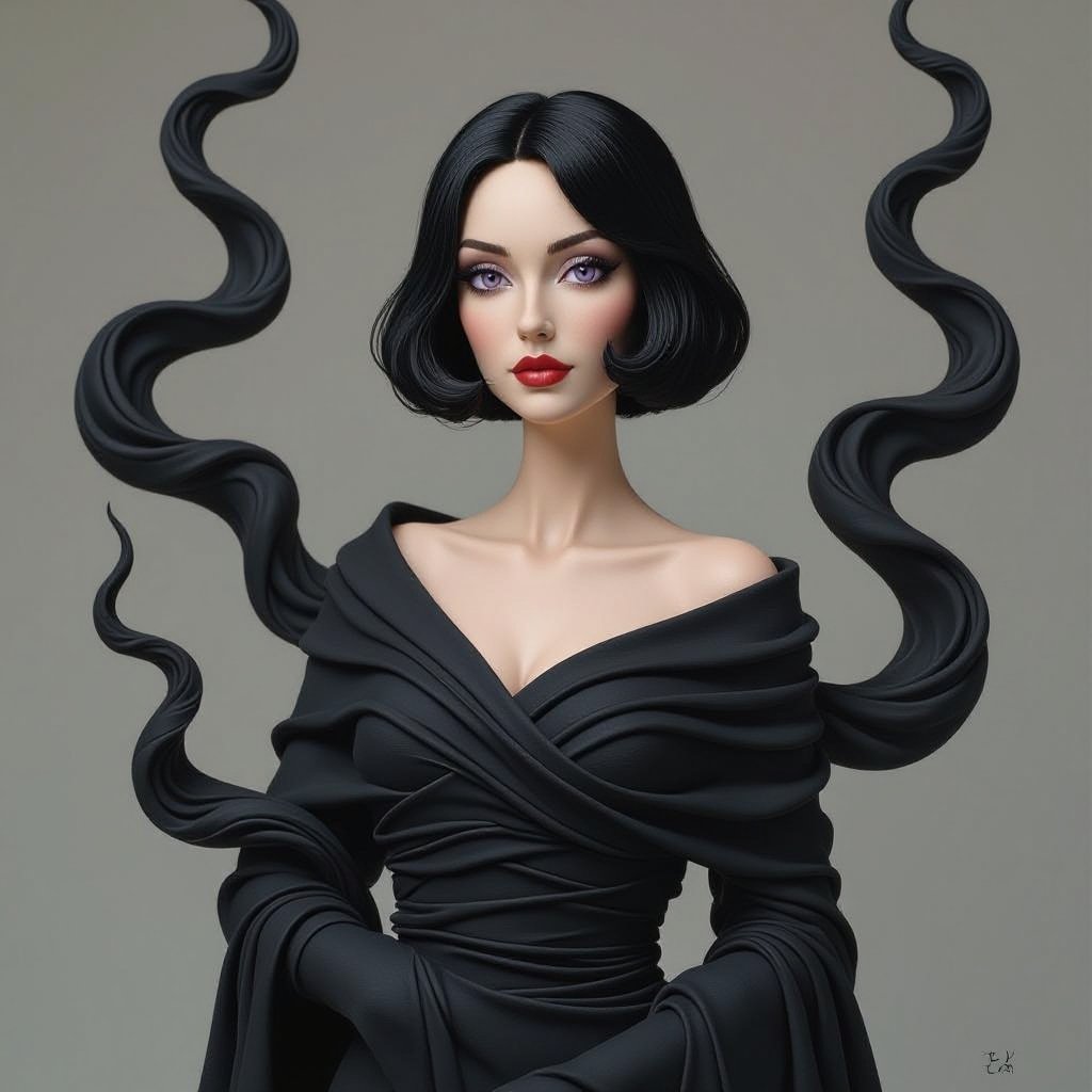 Create A lithe, mysterious woman draped in layered black silks that move like smoke around her. Her jet-black hair is cut sharp to her jawline, and her violet eyes seem to pierce through darkness.