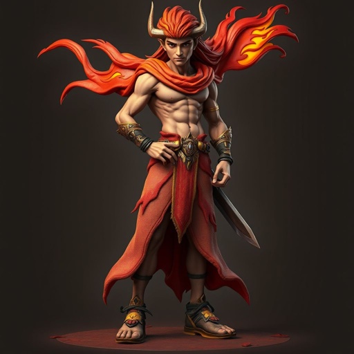 Create handsome hero Rhen the Fire – A lean, muscular man. He wears layered, flowing desert robes dyed in warm reds and golds, with scorch marks where flames have licked them. A curved blade hangs at his hip. Show whole body head to toe including her shoes.