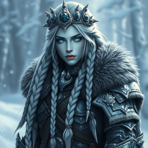 Create a character : A tall, battle-hardened woman with pale, icy-blue skin. Her long silver hair flows in braids tipped with frozen beads. She wears heavy, fur-lined armor made from the hides of snow beasts. Her eyes glow faint blue. A frost-shaped crown rests lightly on her head. Please show whole character not just waste up.