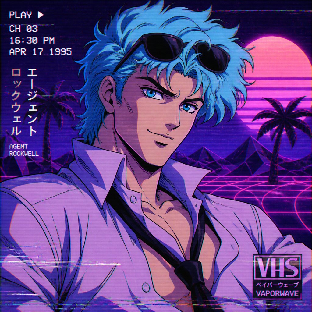 Comic Anime Agent Rockwell very poof up messy hair half side longer and drooped down hair is a light blue skin color white, very bright blue eyes, wears a suit tie is loose, he doesn't wear his jacket his collar to his shirt is uneven sunglasses on his head He's know for his mischievous and reckless behavior but takes missions very seriously is one of the best agents they have Ren is Rockwell's partner is very serious and organized opposite of Rockwell, get very annoyed at Rockwell's behavior they tend to argue with each other but Rockwell is more of having fun|