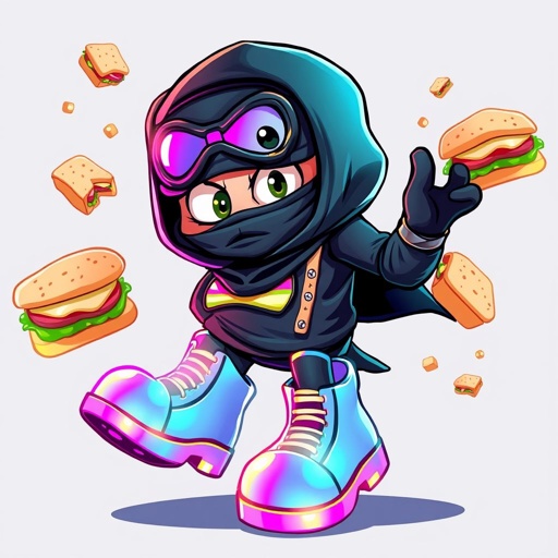 Create a funny looking clumsy sandwhich thief with funny shoes on. Make him have on the bandit black thing around his eyes 