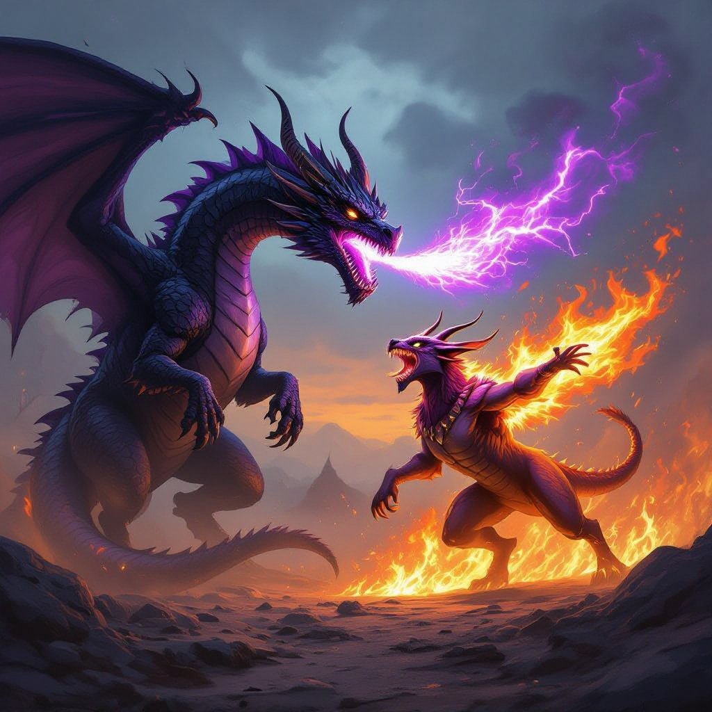 A black dragon with purple spikes on it’s back with purple fire coming out of its mouth fighting a chimera with an electric sword and fire powers