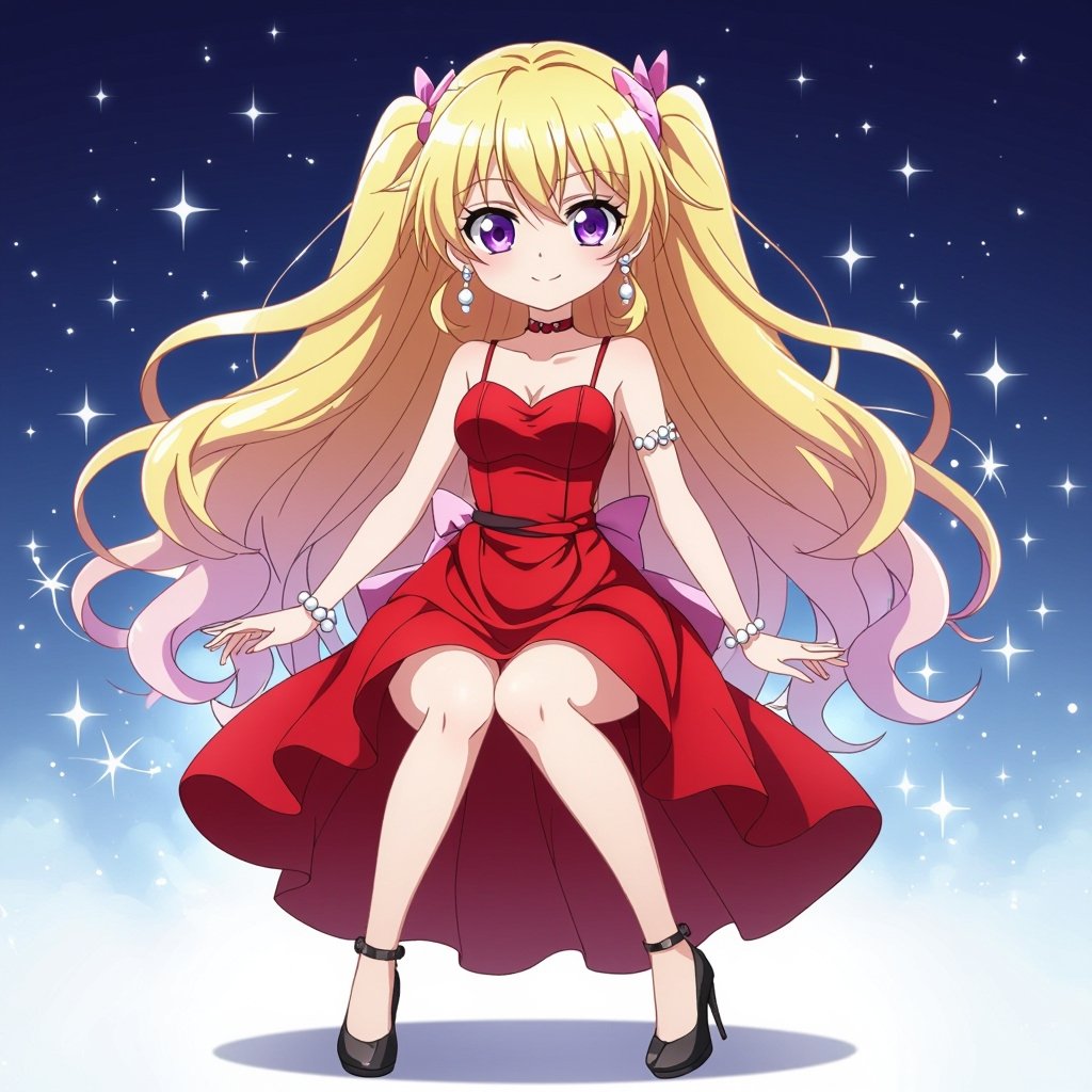 She has blonde hair and purple eyes and a red dress and black high heels and pearl earrings 