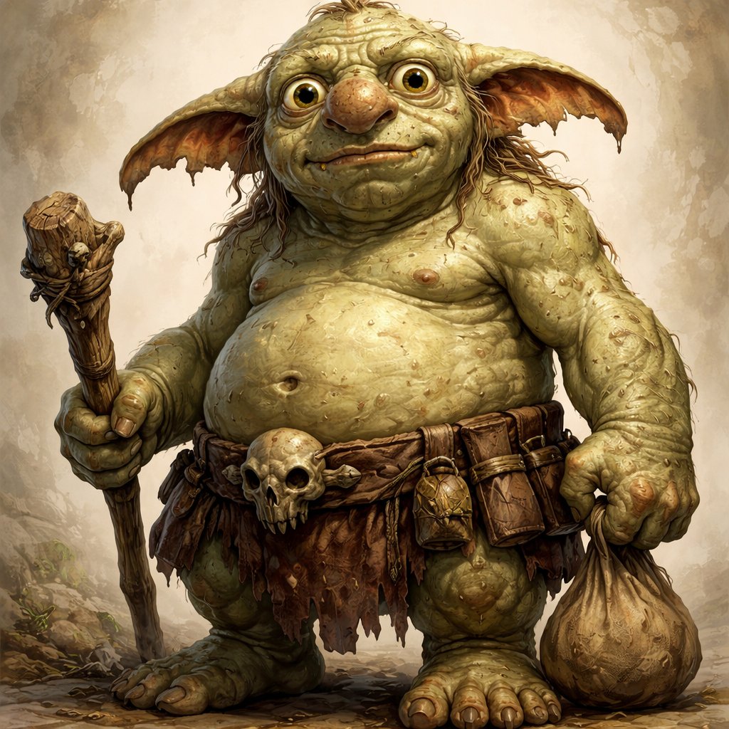 Lumpy, Son of Grak Lumpy earned his name the moment he was born. His small goblin body was round and uneven, with soft bulges along his arms and back, like he had grown too fast in all the wrong places. Unlike his father, Lumpy’s mutations were less frightening—but no less unusual. His skin was a pale, almost bluish green, and his large ears drooped instead of standing tall. His eyes were wide, glossy, and filled with curiosity rather than malice. Where other goblin young hissed and bit, Lumpy waddled and watched. Grak didn’t understand him. Lumpy didn’t hunt well. Didn’t snarl properly. Once, he even tried to befriend a cave rat instead of eating it. But he laughed—a strange, bubbling giggle that echoed through the caverns. And though Grak would never admit it aloud, that sound softened something deep within his jagged chest.
